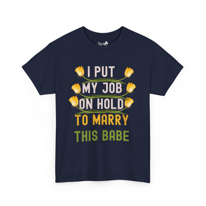 Navy blue t-shirt with yellow tulips and text on a white background