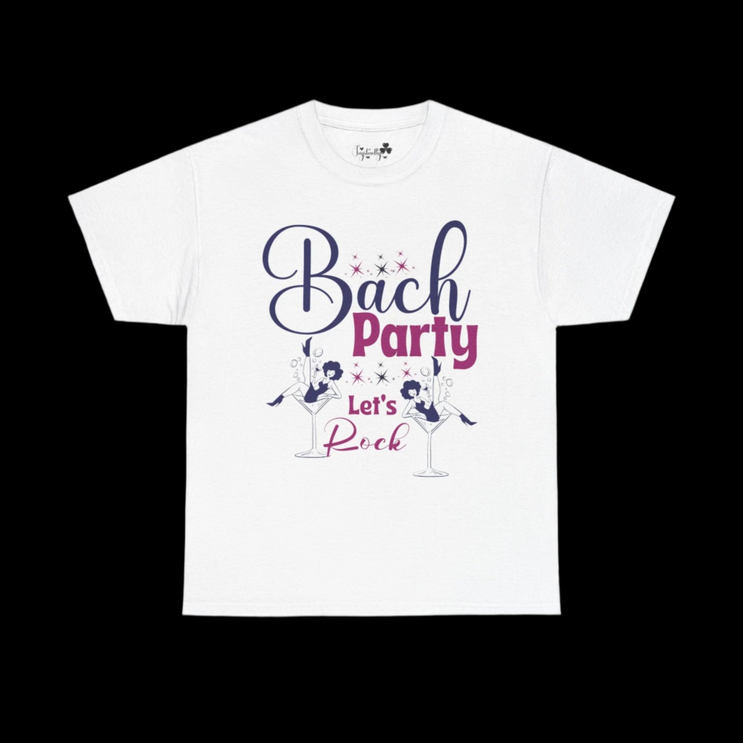 White t-shirt with 'Bach Party Let's Rock' text and cocktail graphics on a white background