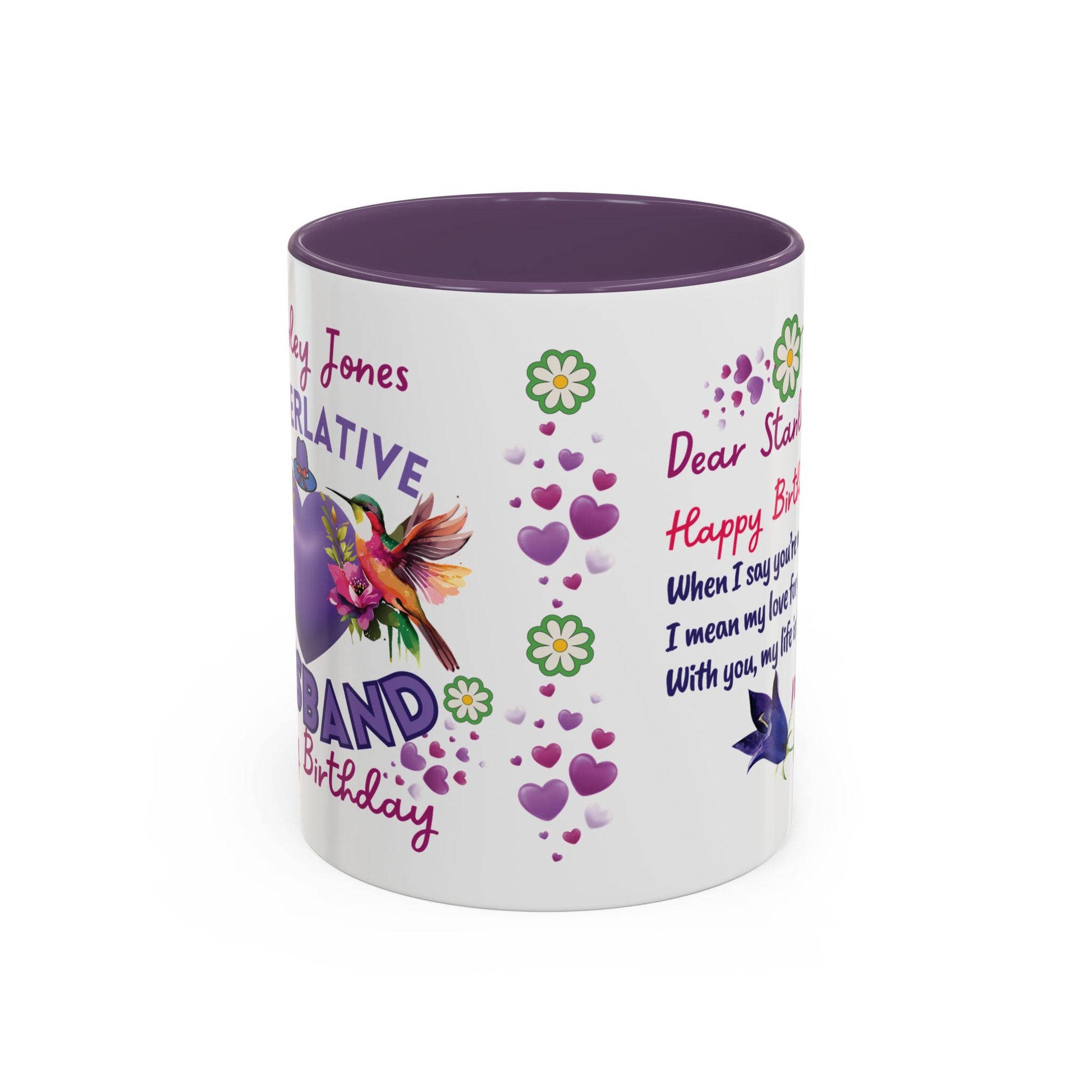 Personalized Birthday Mug for Husbands. Mug with colorful design and text on a white background