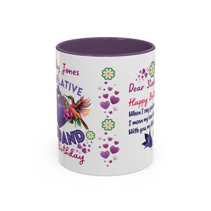 Personalized Birthday Mug for Husbands. Mug with colorful design and text on a white background