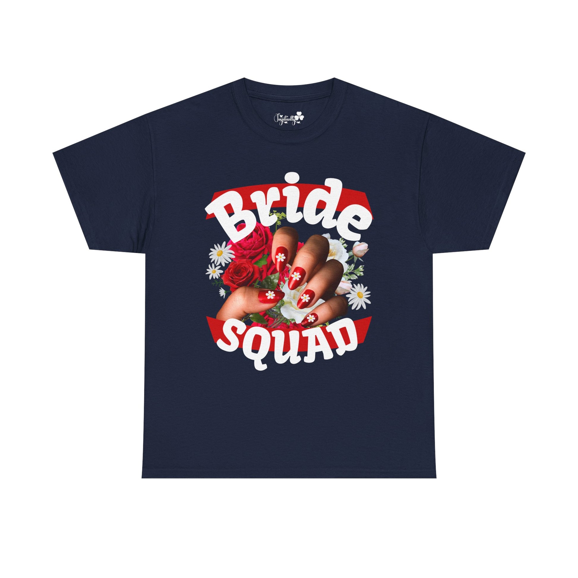 Navy blue t-shirt with 'Bride Squad' graphic design on a white background