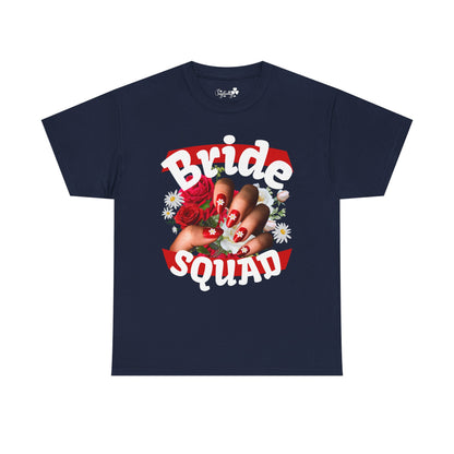 Navy blue t-shirt with 'Bride Squad' graphic design on a white background