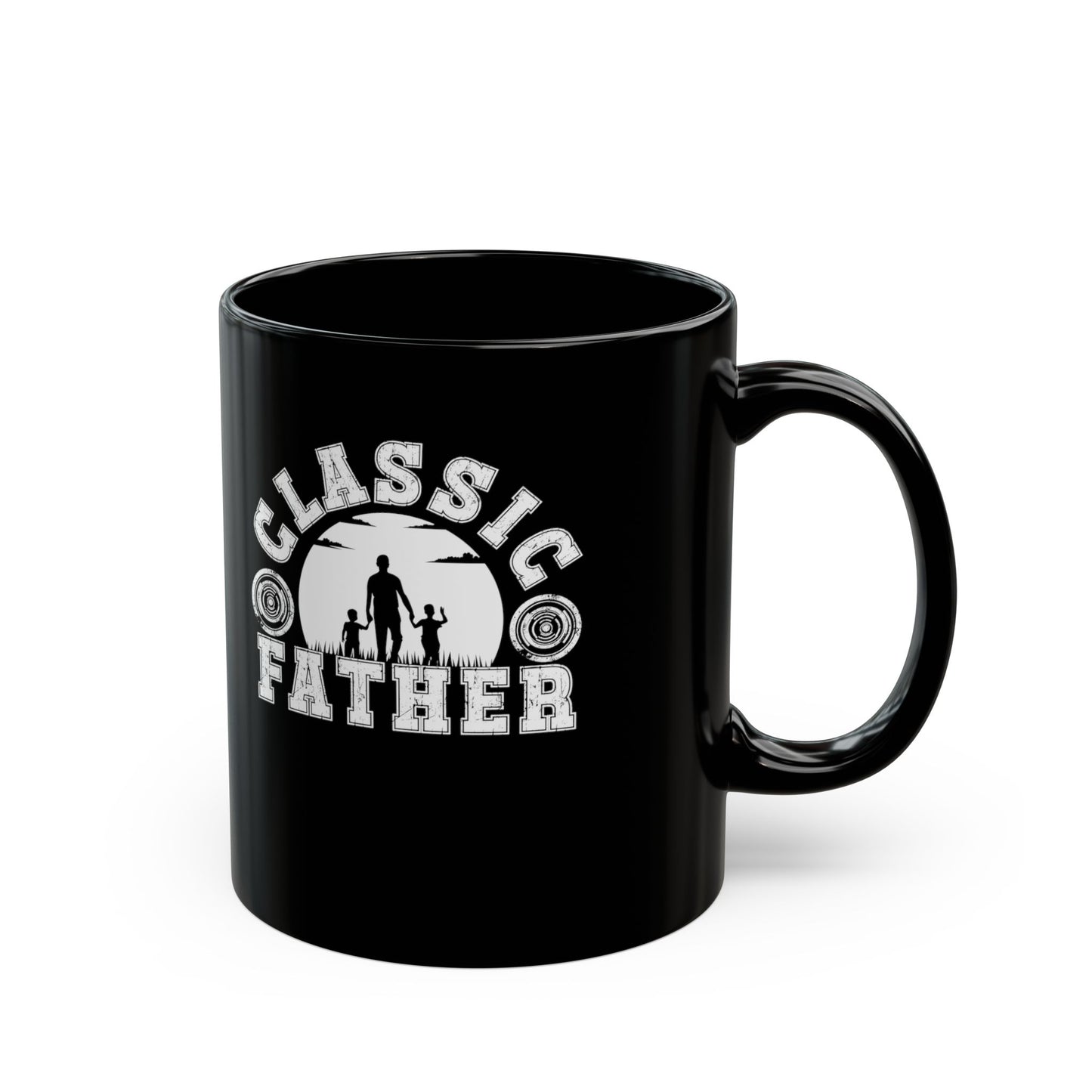 Black mug with 'Classic Father' design on a white background