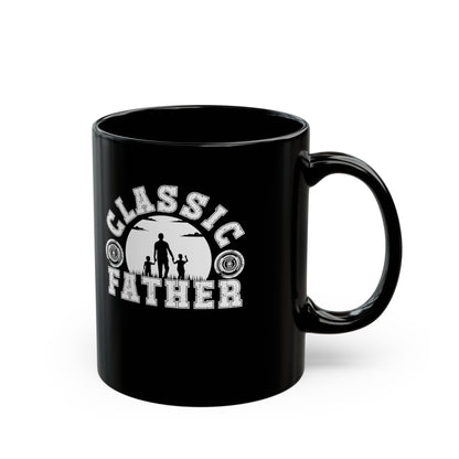 Black mug with 'Classic Father' design on a white background