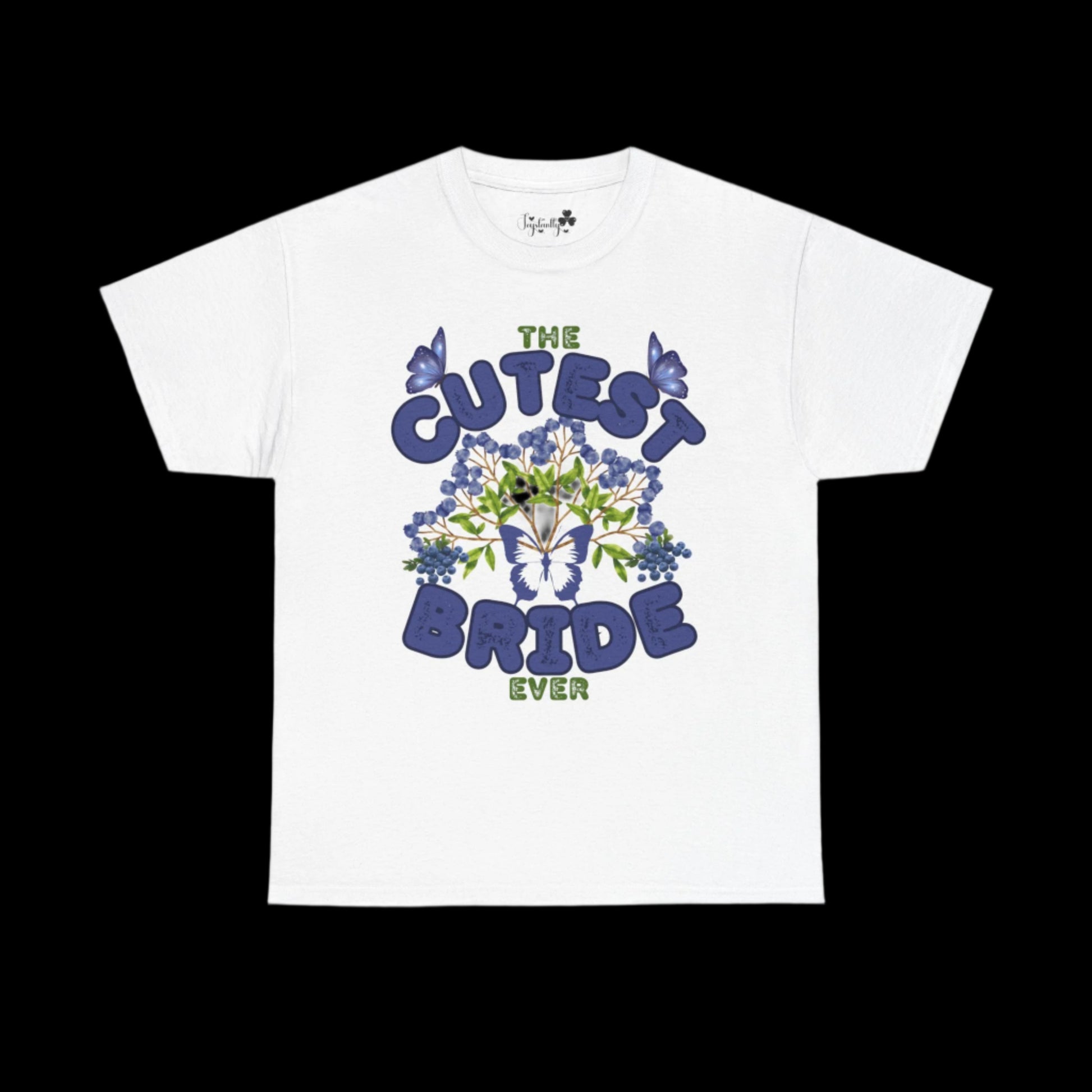 White t-shirt with 'The Cutest Bride Ever' text and floral design on a white background