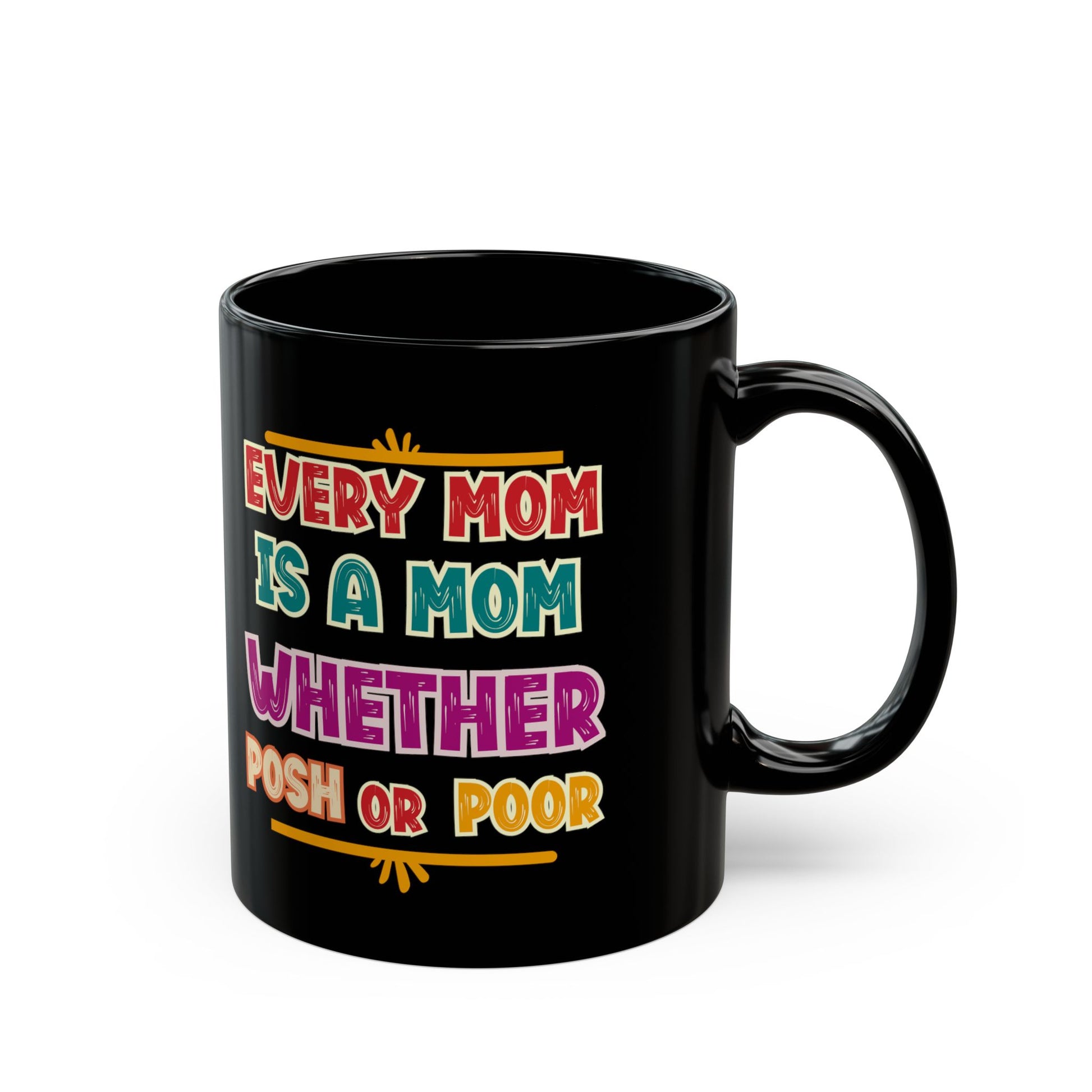 Black mug with colorful text design on a white background