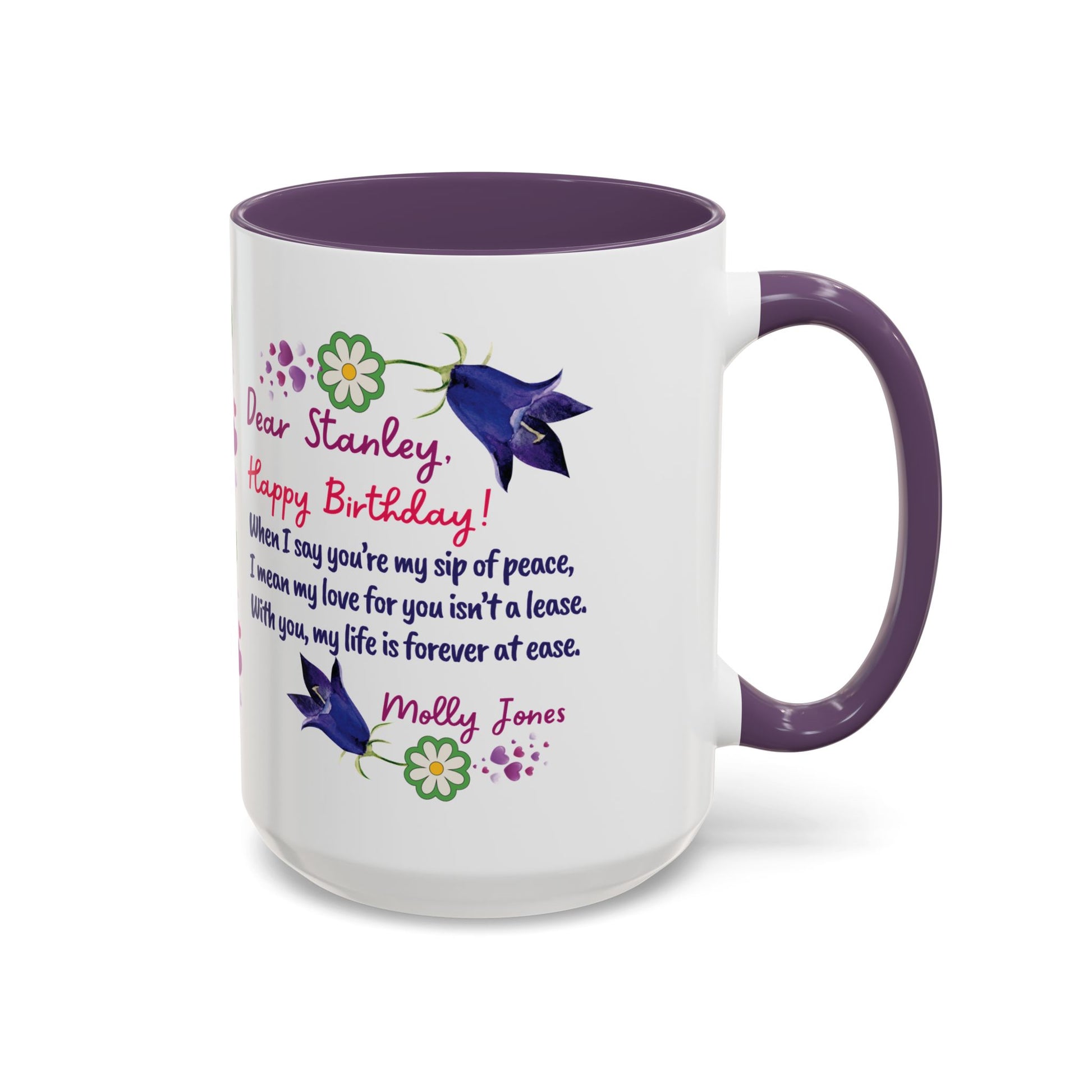 Personalized Birthday Mug for Husbands. White mug with purple interior and handle, featuring a personalized birthday message and illustrations.