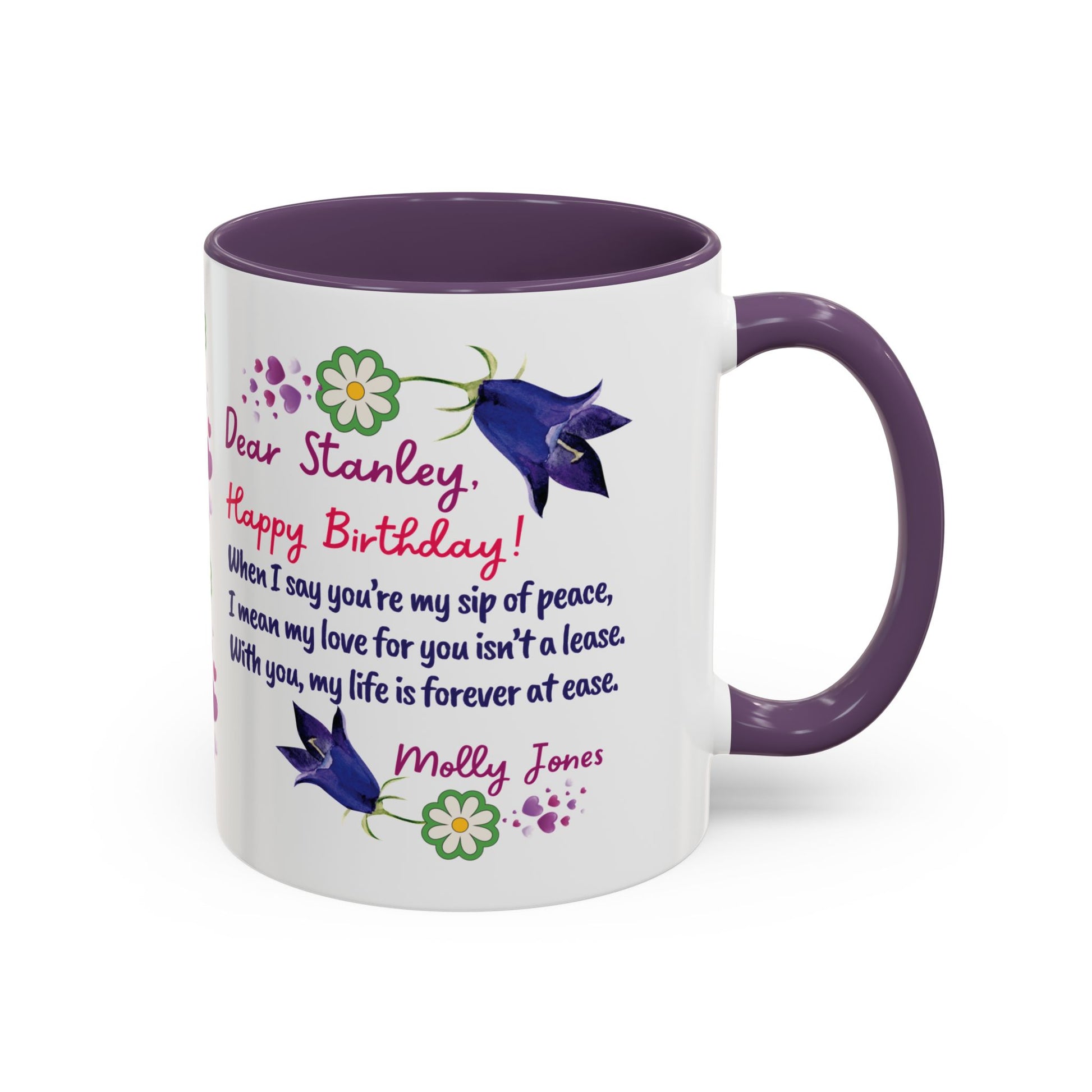 Personalized Birthday Mug for Husbands. White mug with purple interior and handle, featuring a poem and floral designs on a white background.