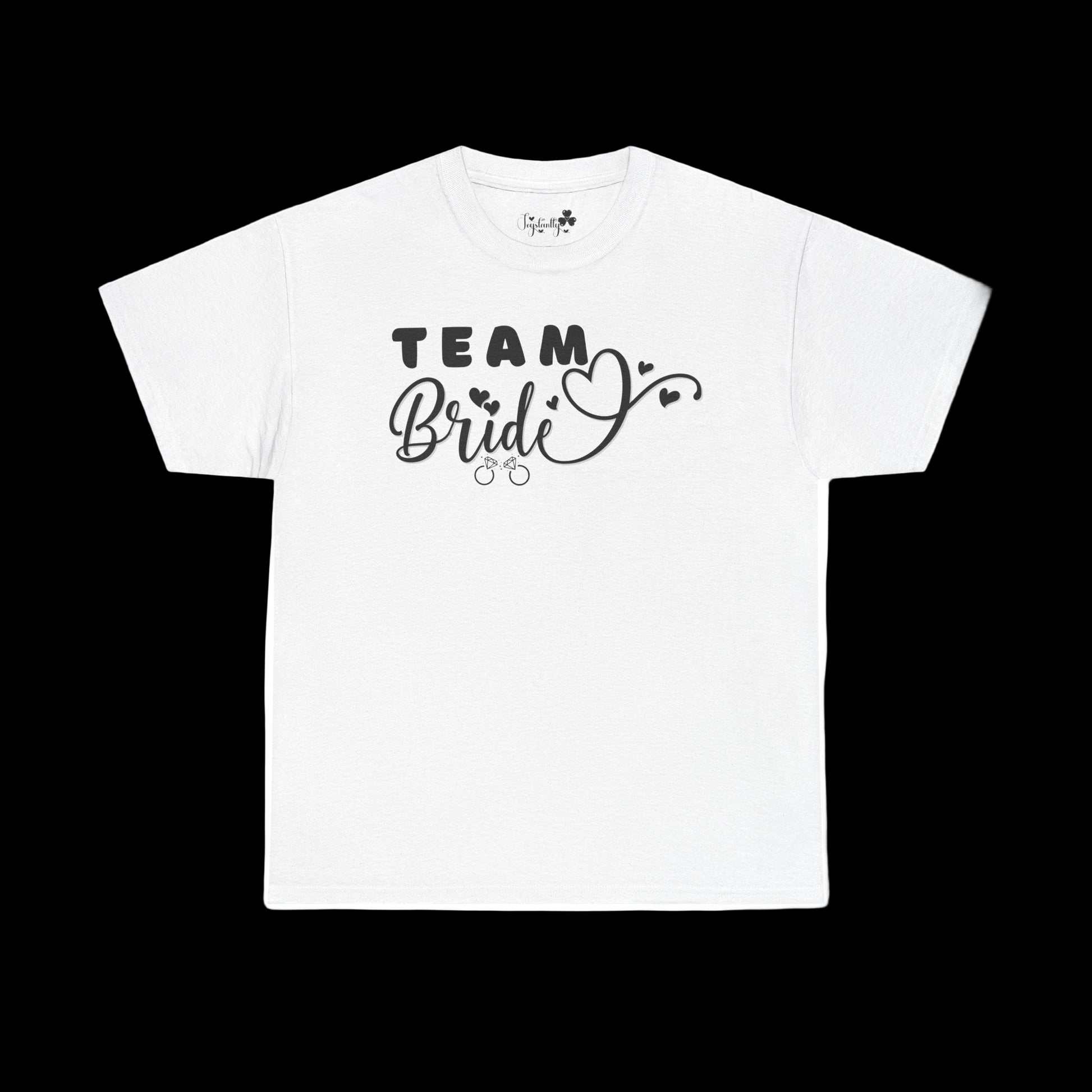 Shirt for Engagements, Bachelorettes, Hen and Bridal Parties. White t-shirt with 'Team Bride' text on a white background
