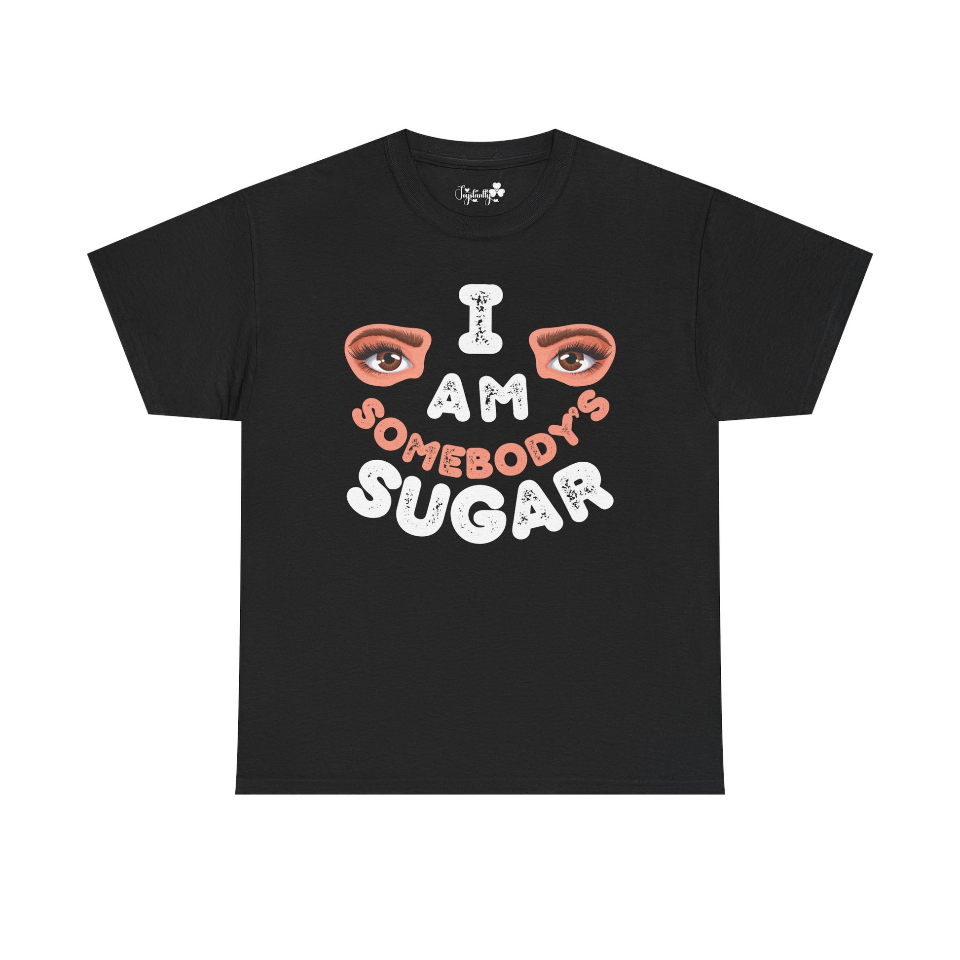 Black t-shirt with graphic design and text on a white background