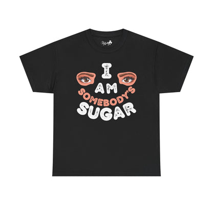 Black t-shirt with graphic design and text on a white background