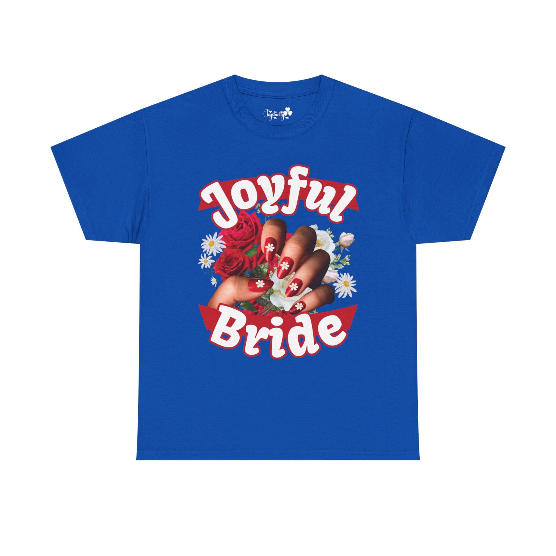Floral cute bachelorette party shirt. Blue t-shirt with 'Joyful Bride' graphic design on a white background