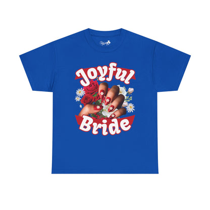 Floral cute bachelorette party shirt. Blue t-shirt with 'Joyful Bride' graphic design on a white background