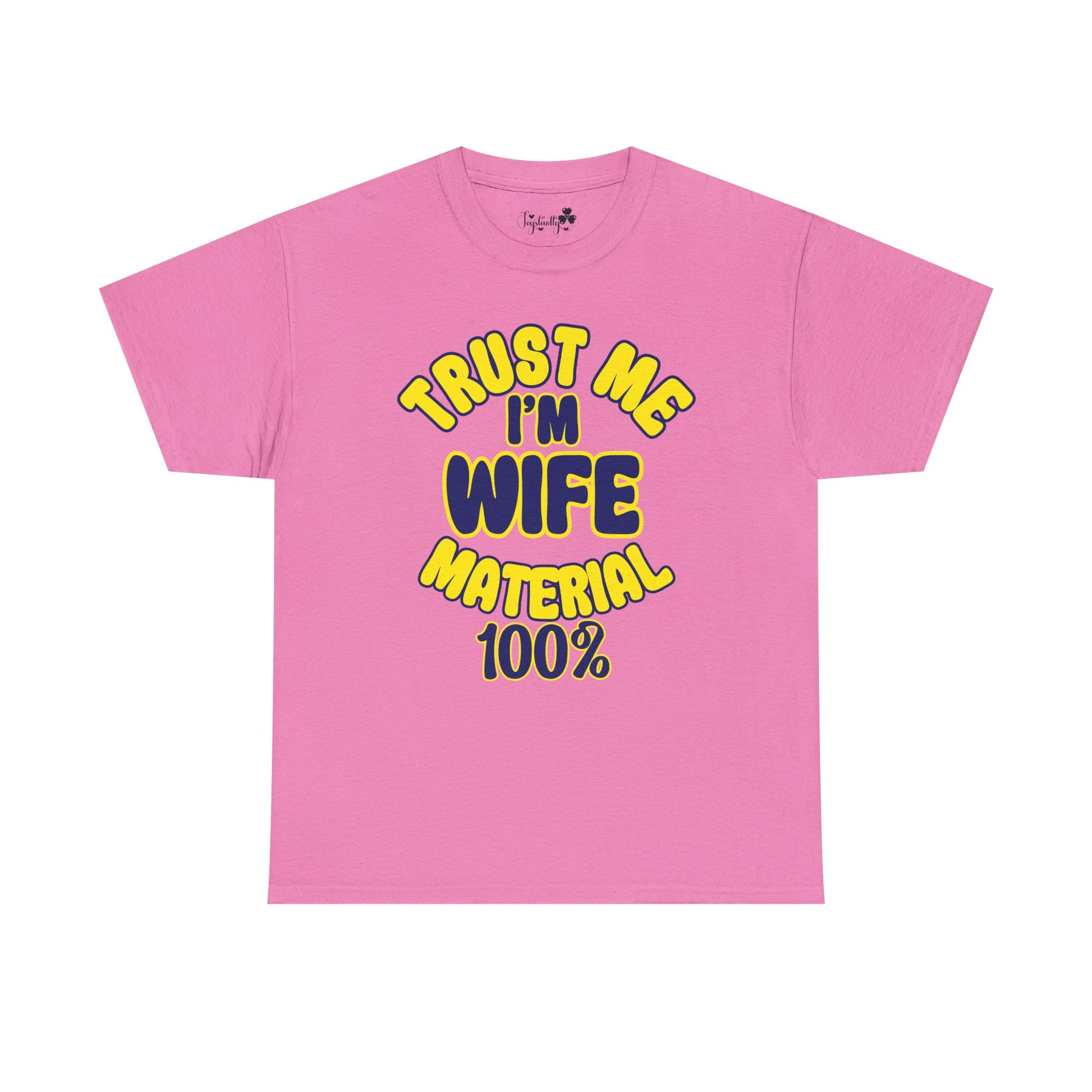 Pink t-shirt with yellow and blue text on a white background