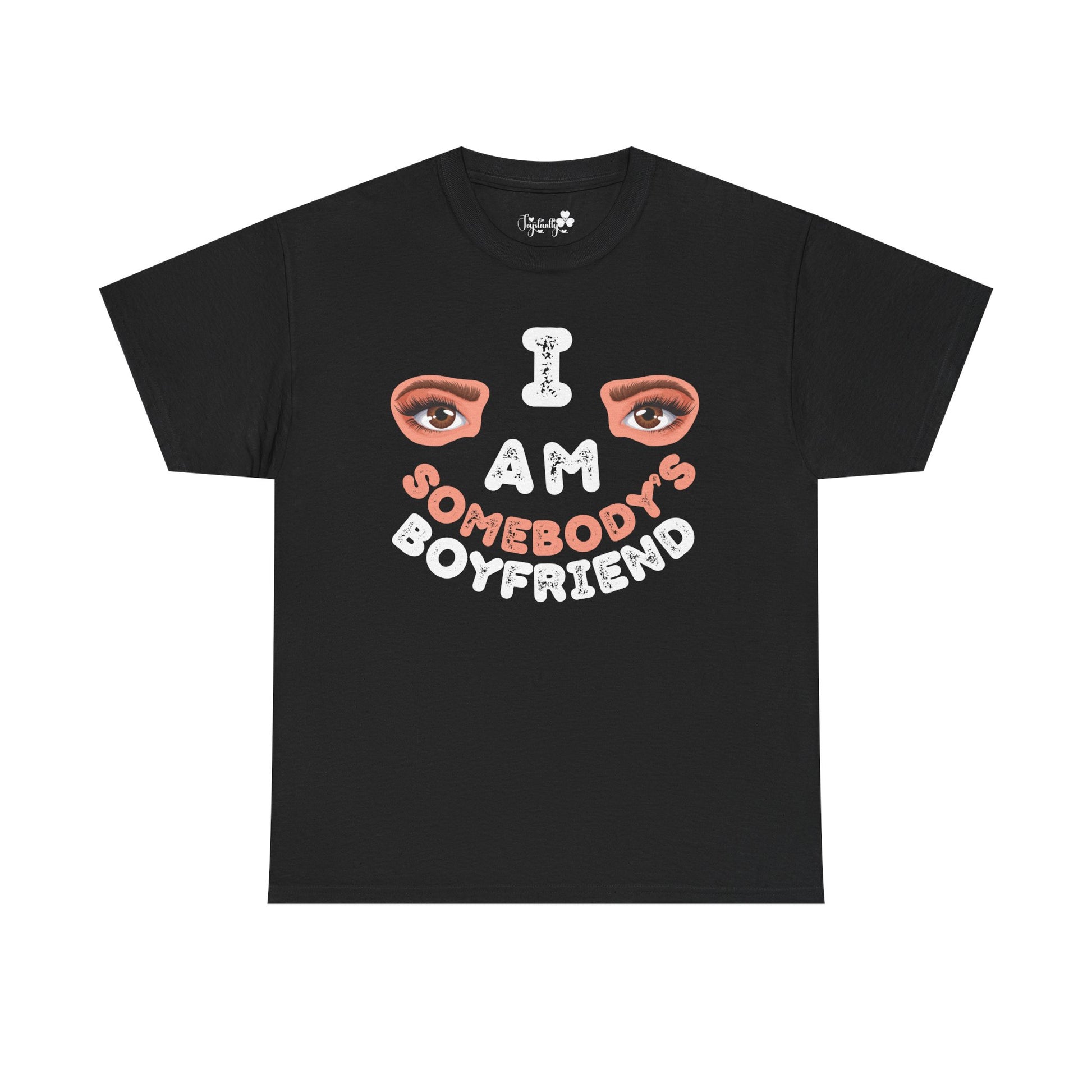 Black t-shirt with graphic design and text on a white background
