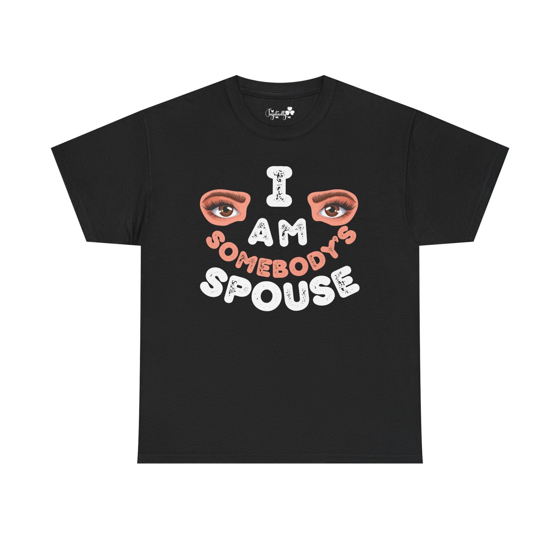 Black t-shirt with graphic design and text on a white background
