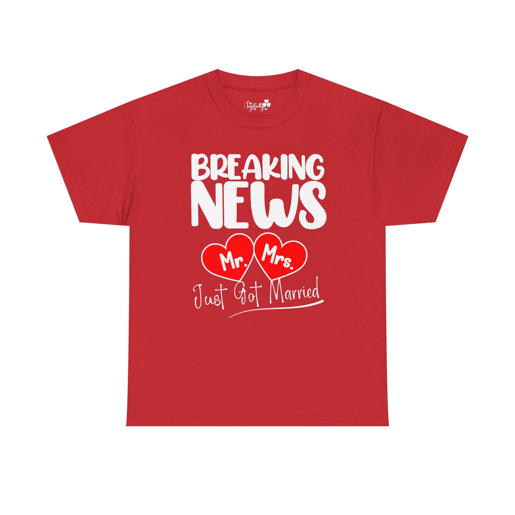 Red t-shirt with white text 'BREAKING NEWS Mr Mrs Just Got Married' on a white background