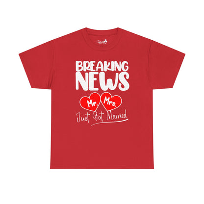 Red t-shirt with white text 'BREAKING NEWS Mr Mrs Just Got Married' on a white background