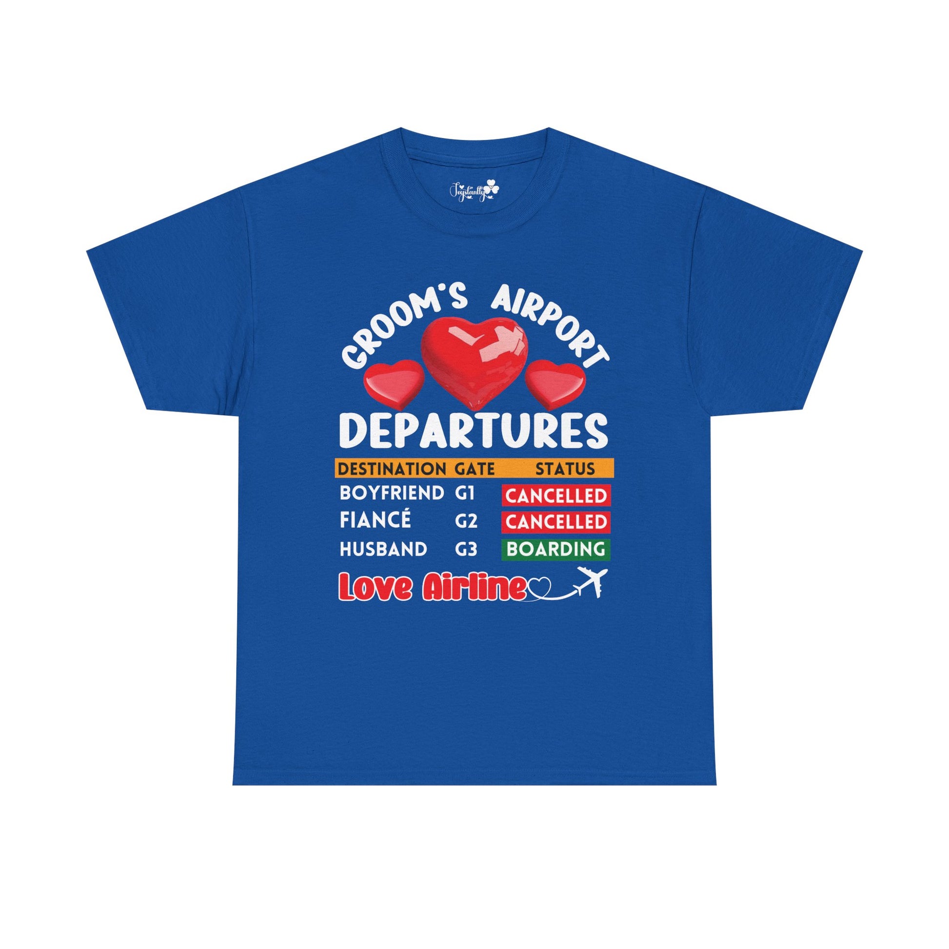 Blue t-shirt with humorous text and graphics on a white background