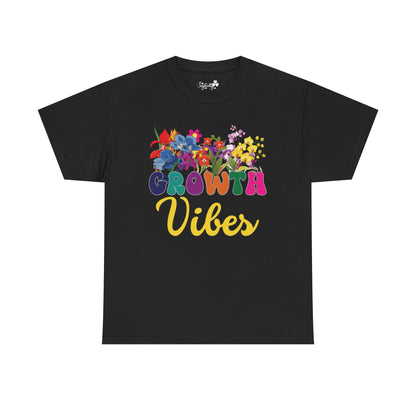 Motivational T-shirt for positive affirmations. Black t-shirt with colorful floral design and 'Growth Vibes' text on a white background