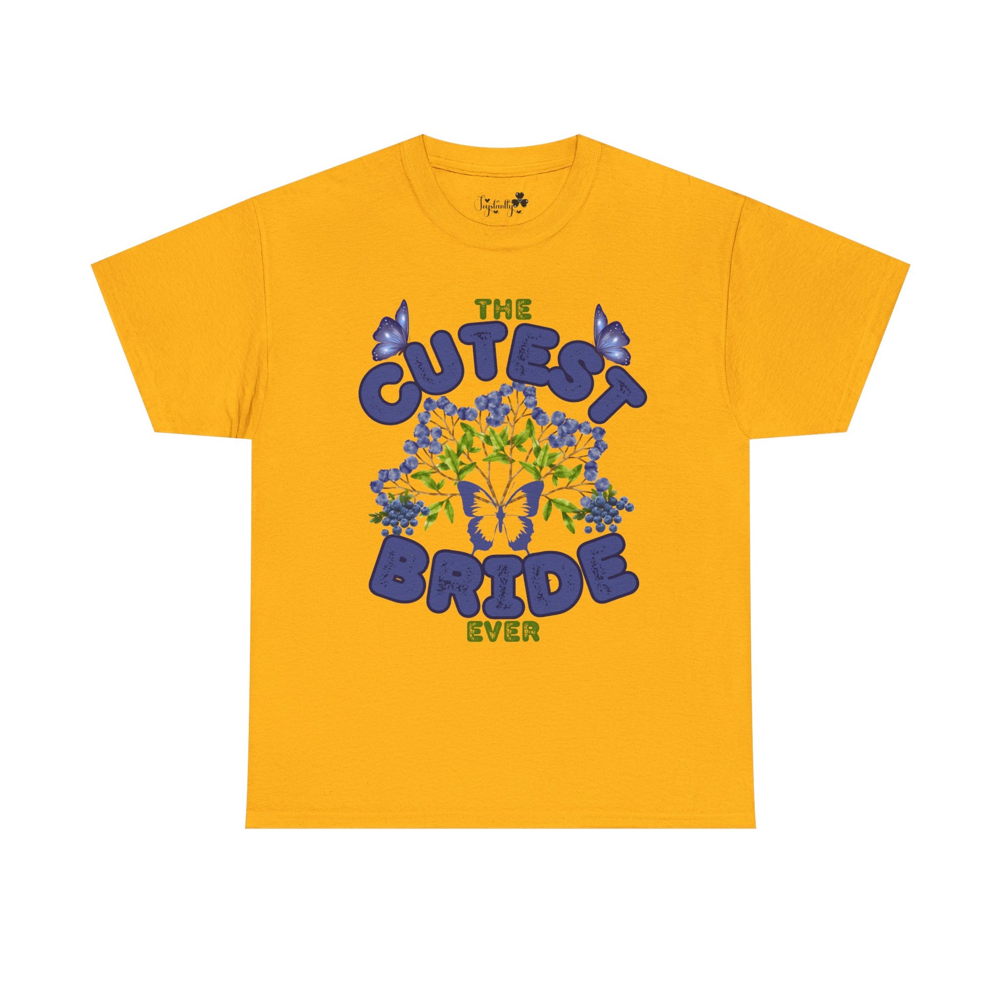 Gold t-shirt with 'The Cutest Bride Ever' text and butterfly design on a white background