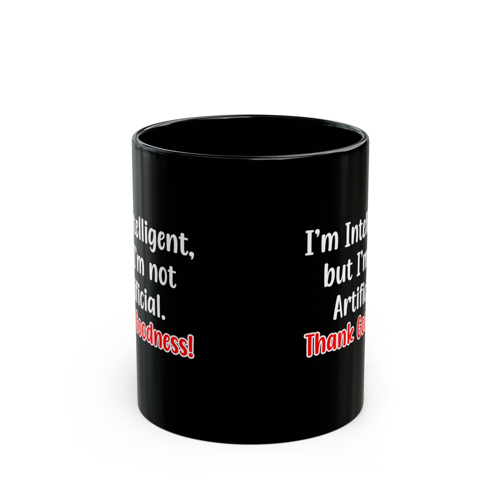 Black mug with text on a white background
