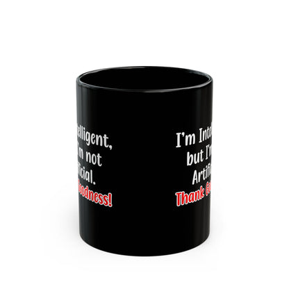Black mug with text on a white background