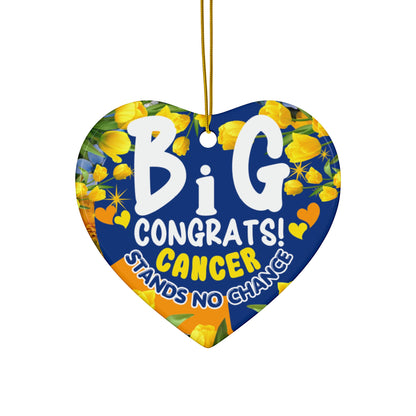 Cancer Motivational Ceramic Ornament of Victory. Heart-shaped decorative item with floral design and text on a white background