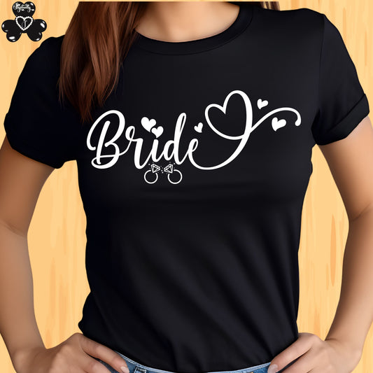 Super Shirt for Engagements, Bachelorettes, Hen and Bridal Parties. Black t-shirt with 'Bride' text on a wooden background