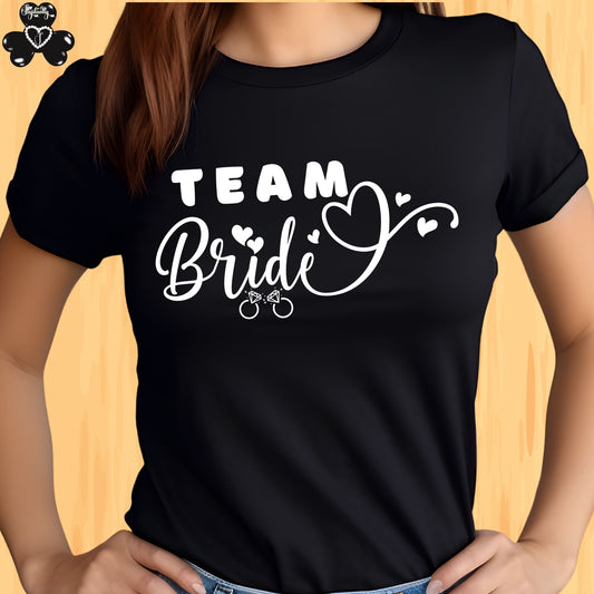 Shirt for Engagements, Bachelorettes, Hen and Bridal Parties. Black t-shirt with 'Team Bride' text on a wooden background