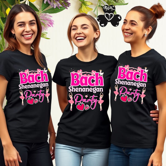 Three women wearing black t-shirts with pink and white text and graphics.