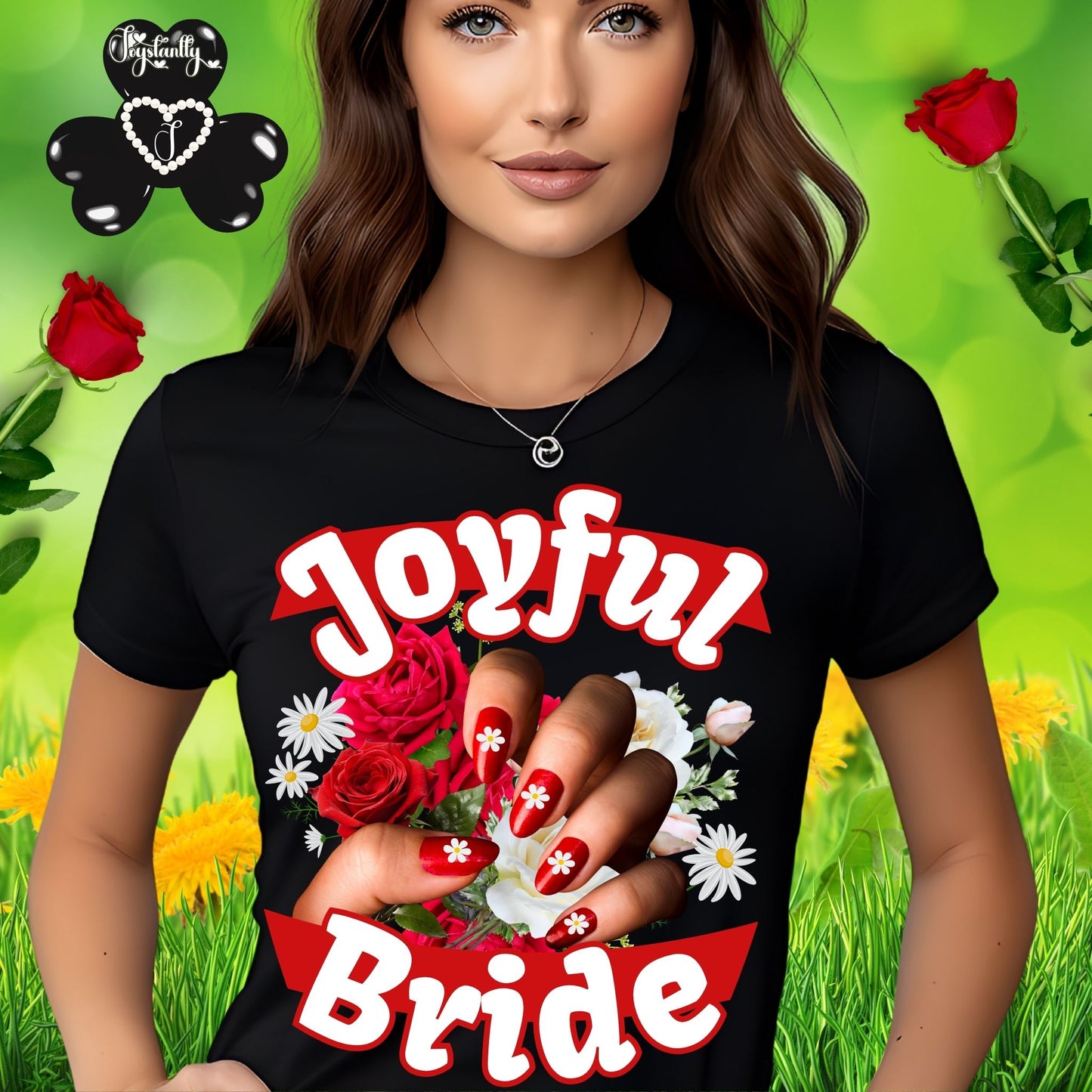 Floral cute bachelorette party shirt. Woman wearing a black t-shirt with 'Joyful Bride' design in a garden setting