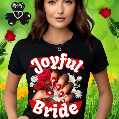 Floral cute bachelorette party shirt. Woman wearing a black t-shirt with 'Joyful Bride' design in a garden setting