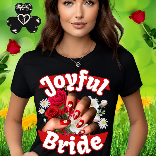 Floral cute bachelorette party shirt. Woman wearing a black t-shirt with 'Joyful Bride' design in a garden setting