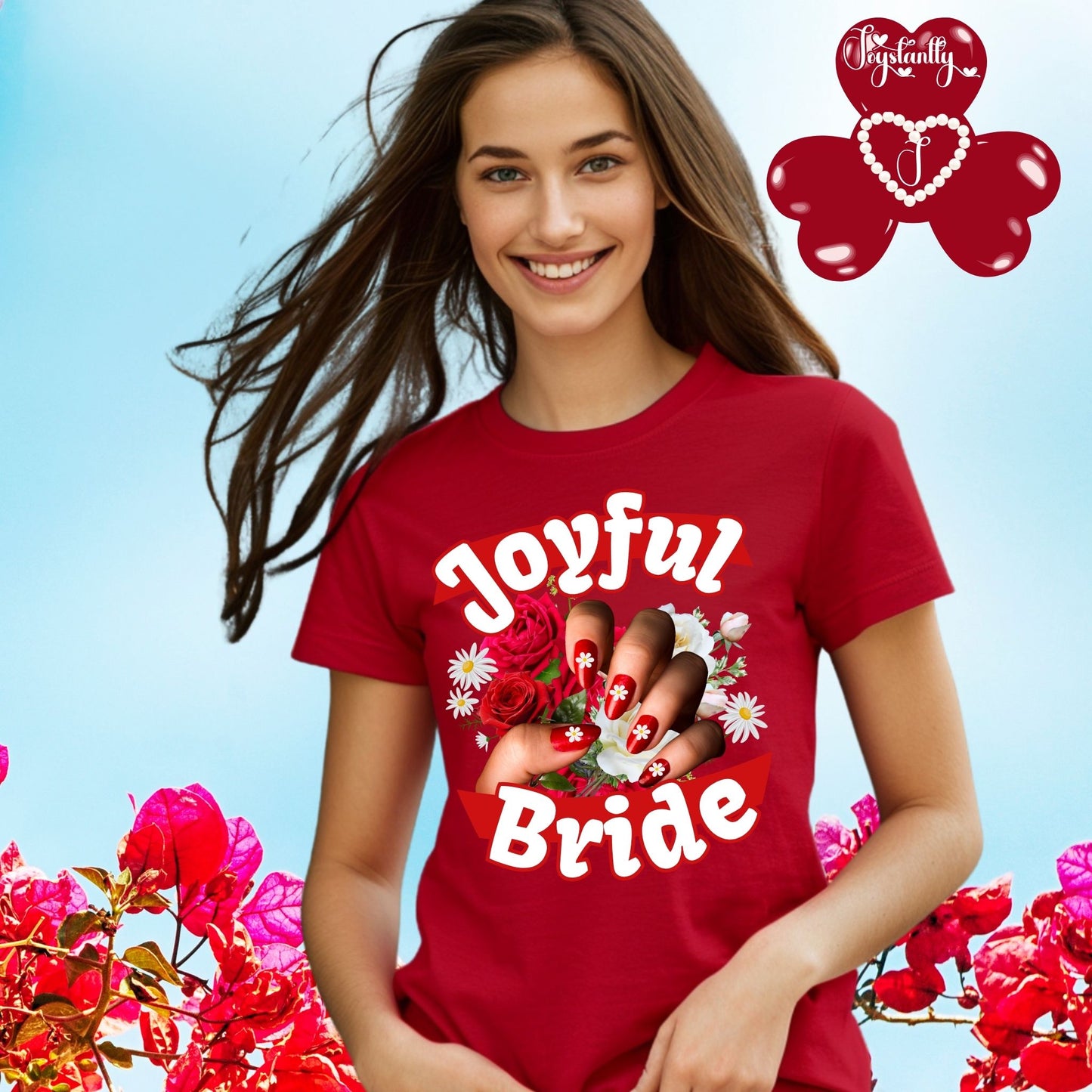 Floral cute bachelorette party shirt. Woman wearing a red 'Joyful Bride' t-shirt with floral design against a blue background
