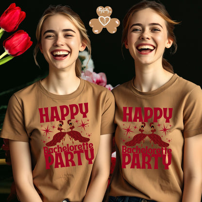 Two women wearing 'Happy Bachelorette Party' shirts with red tulips in the background.