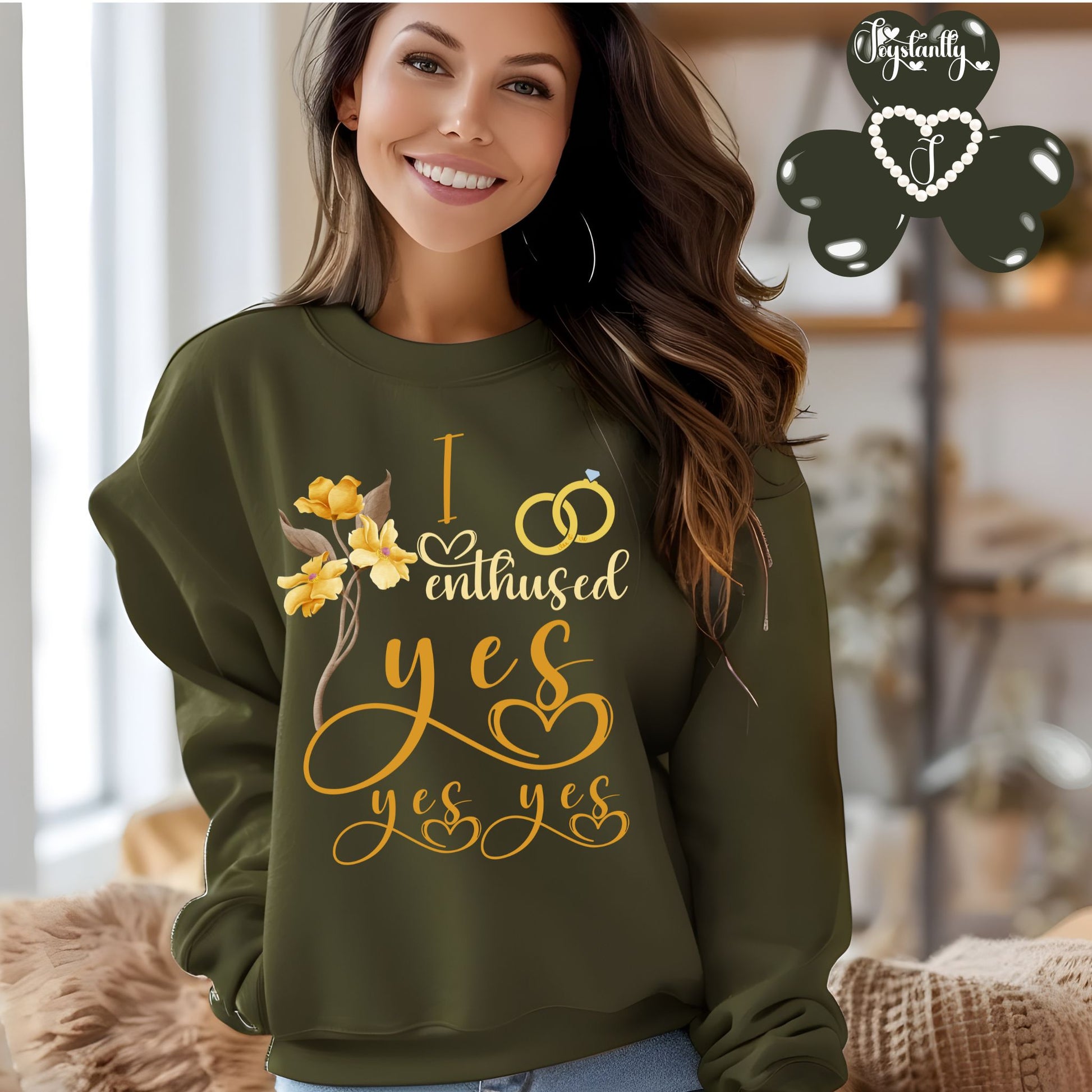 Engagement military green sweatshirt for bride and bridal party.