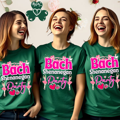 Three women wearing green t-shirts with 'Bach Shenanigan Party' text and graphics.