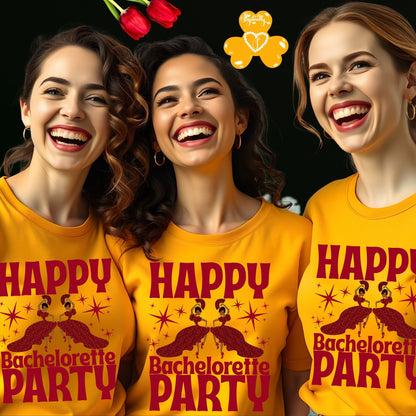 Three women wearing yellow 'Happy Bachelorette Party' shirts with a decorative logo above them.