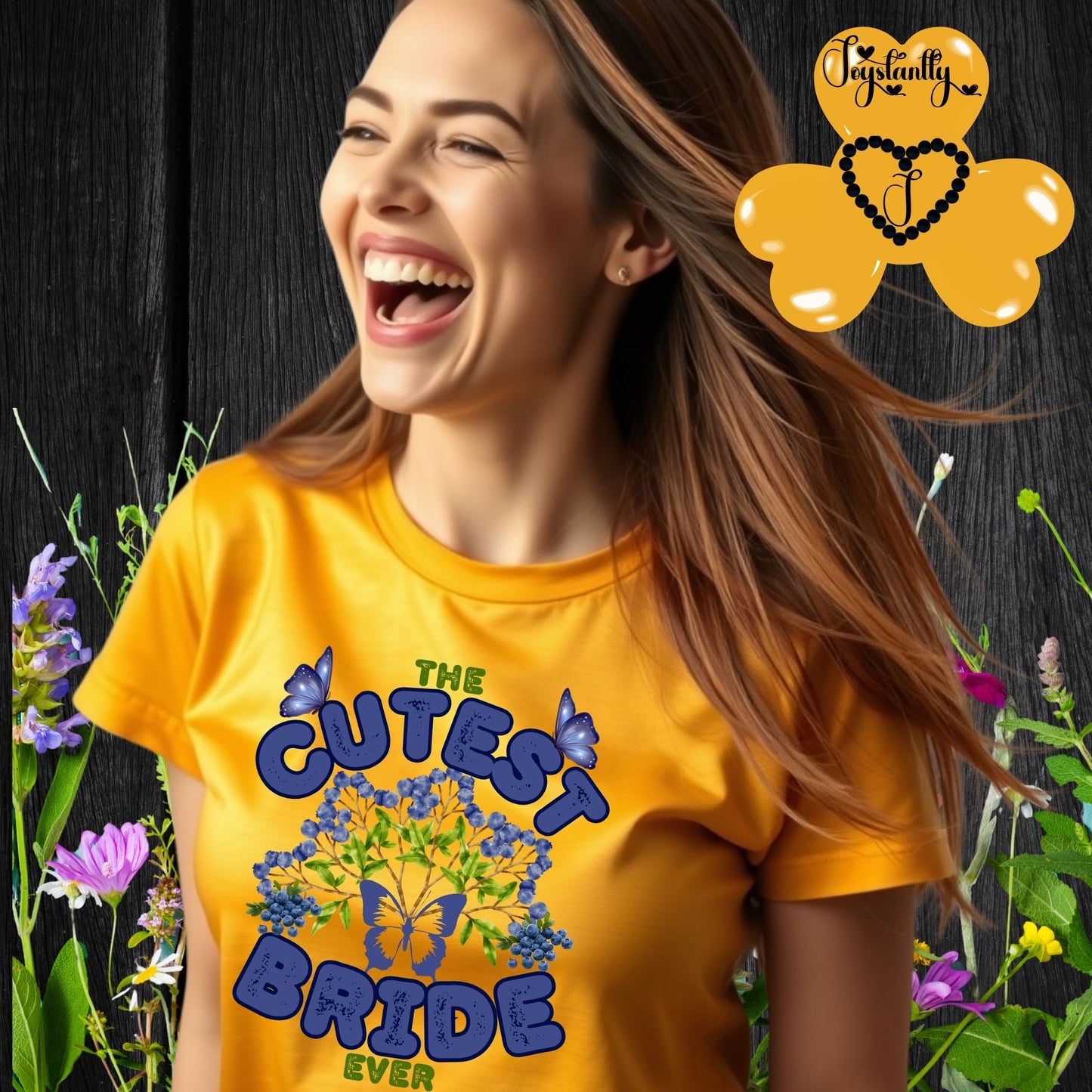 Woman wearing a gold t-shirt with 'The Cutest Bride Ever' text and floral design, surrounded by flowers and a decorative cloud with text.