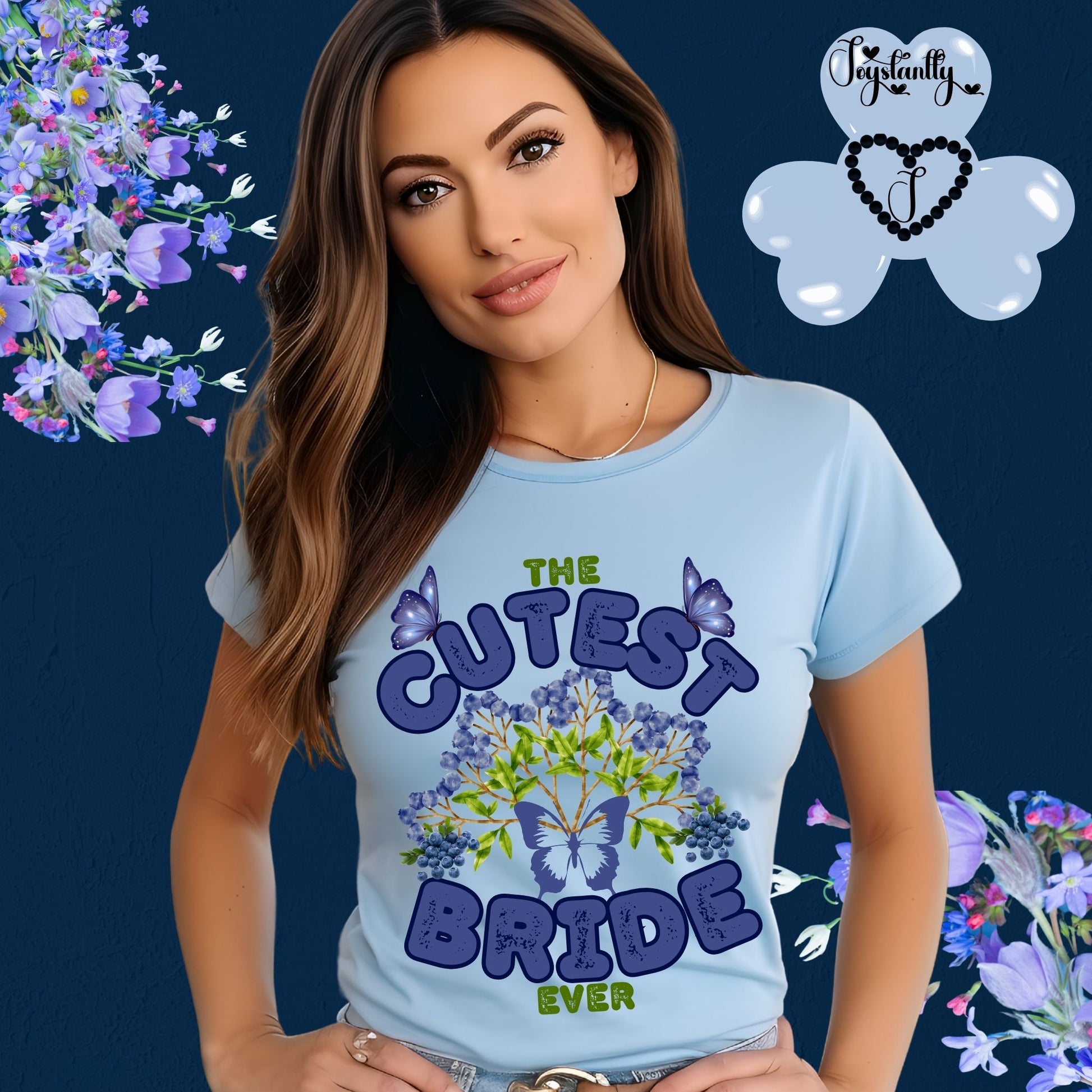 Woman wearing a light blue t-shirt with 'The Cutest Bride Ever' text and butterfly design on a floral background.