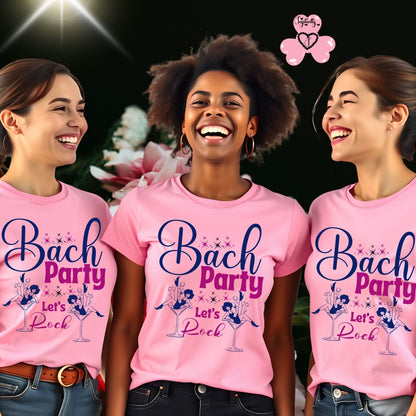 Three women wearing pink 'Bach Party Let's Rock' t-shirts with a floral background.