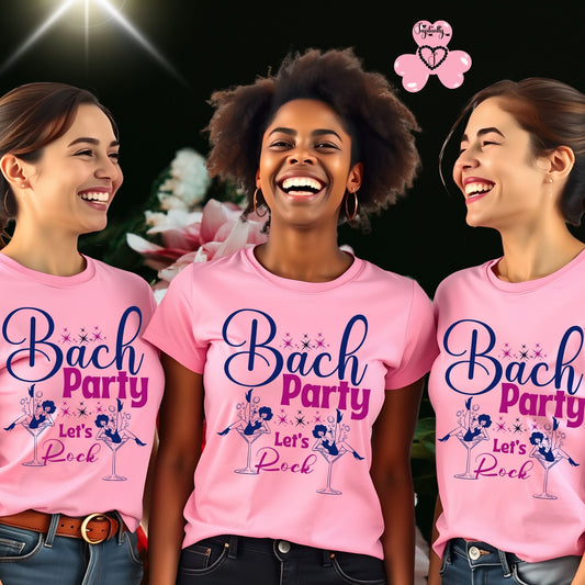 Three women wearing pink 'Bach Party Let's Rock' t-shirts with a floral background.