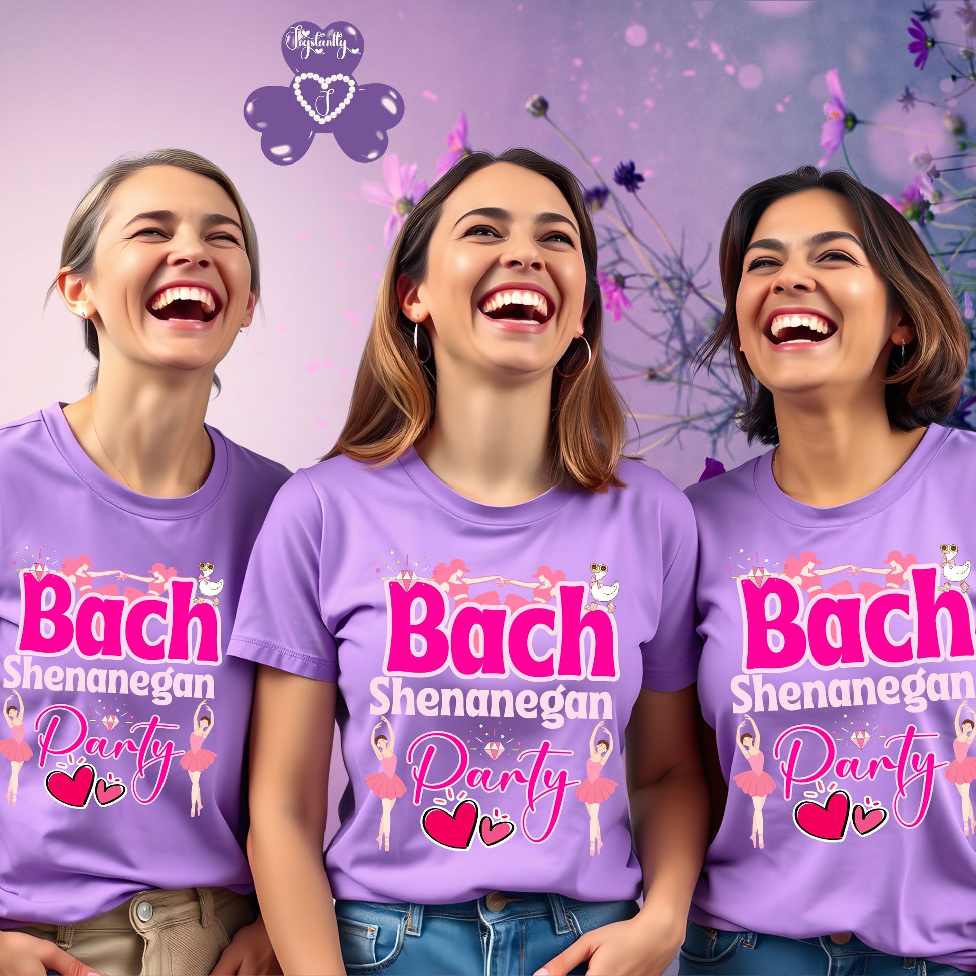 Three women wearing purple t-shirts with 'Bach Shenanegan Party' text and graphics on a purple background.
