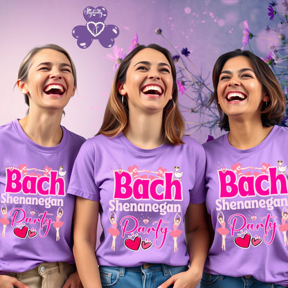 Three women wearing purple t-shirts with 'Bach Shenanegan Party' text and graphics on a purple background.