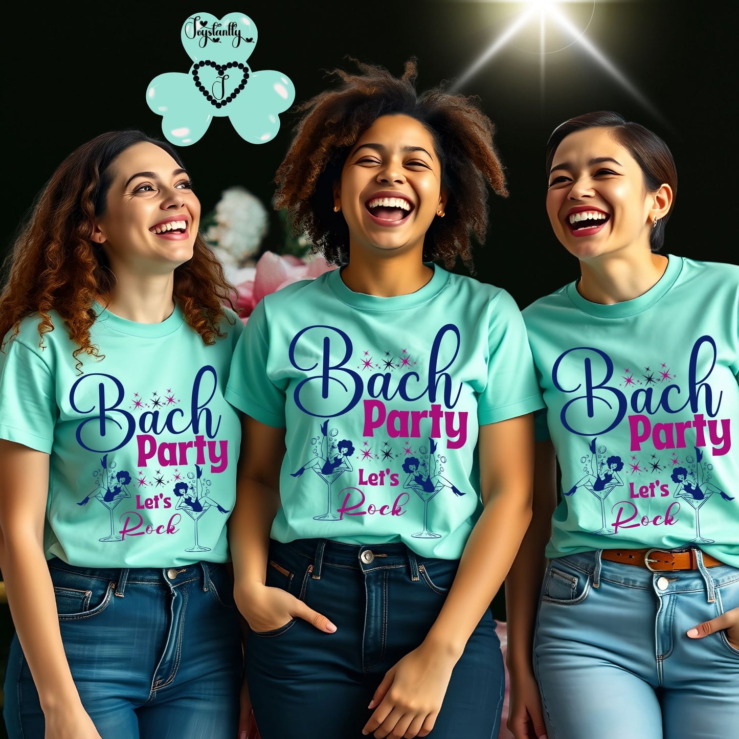 Three women wearing 'Bach Party Let's Rock' t-shirts with a dark background and spotlight effect.