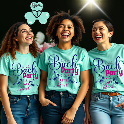Three women wearing 'Bach Party Let's Rock' t-shirts with a dark background and spotlight effect.