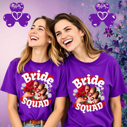 Two women wearing purple 'Bride Squad' t-shirts against a floral background.