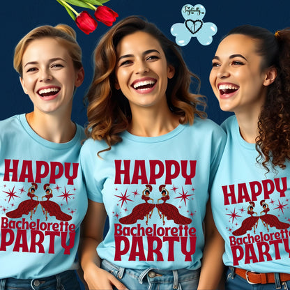 Three women wearing light blue t-shirts with 'Happy Bachelorette Party' text and graphics on a dark blue background.