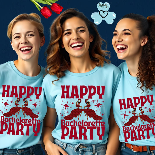 Three women wearing light blue t-shirts with 'Happy Bachelorette Party' text and graphics on a dark blue background.